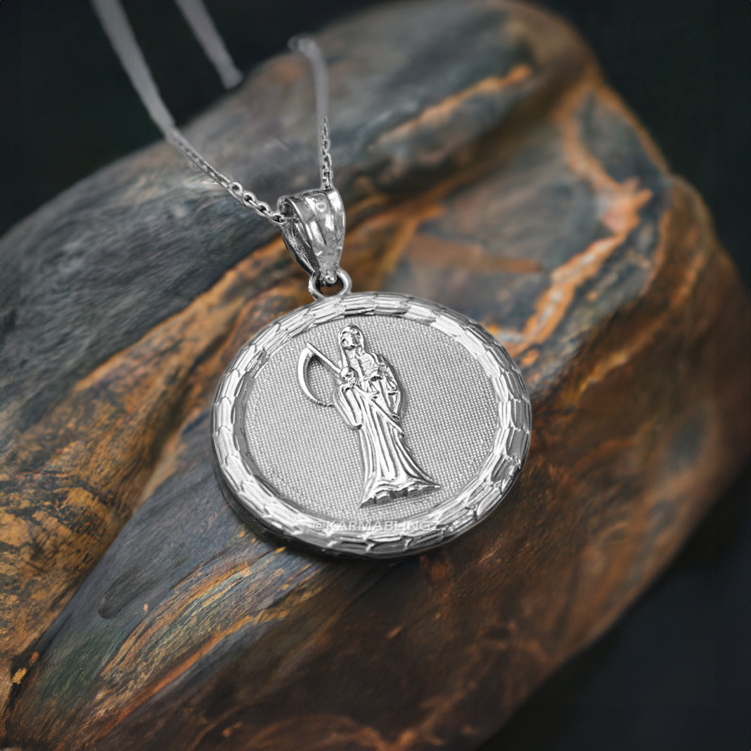 Sterling Silver Santa Muerte Medallion Pendant Necklace