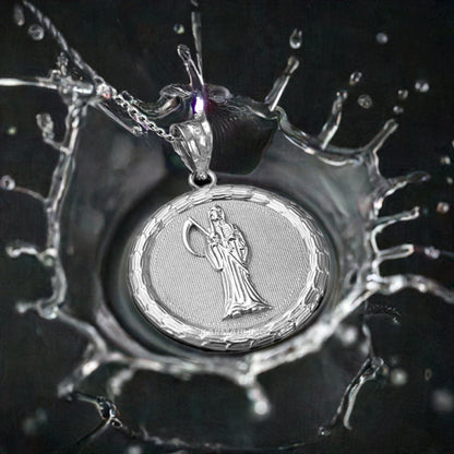 Sterling Silver Santa Muerte Medallion Pendant Necklace