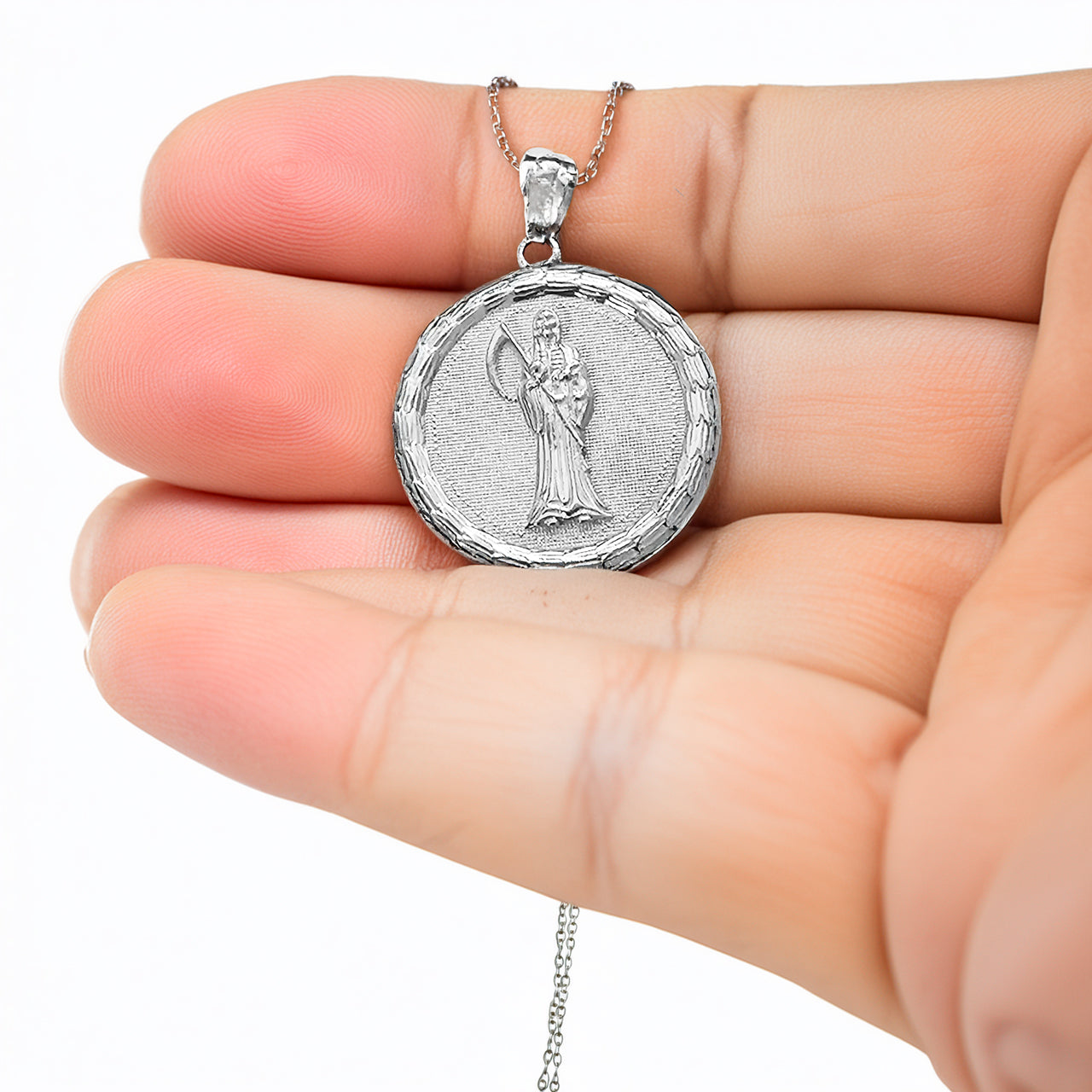 Gold Santa Muerte Medallion Pendant Necklace in 10K or 14K, Yellow, White, Rose, 2-Tone