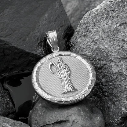 Sterling Silver Santa Muerte Medallion Pendant Necklace