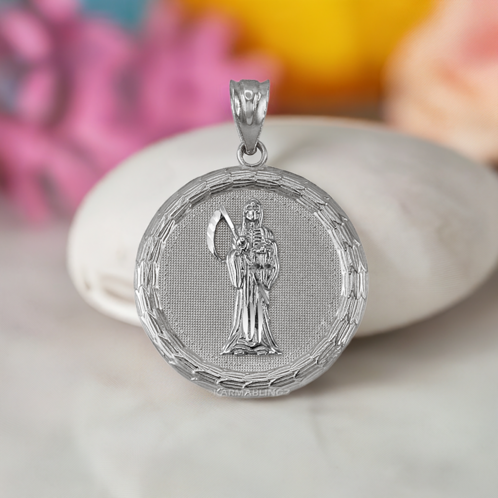 Gold Santa Muerte Medallion Pendant Necklace in 10K or 14K, Yellow, White, Rose, 2-Tone