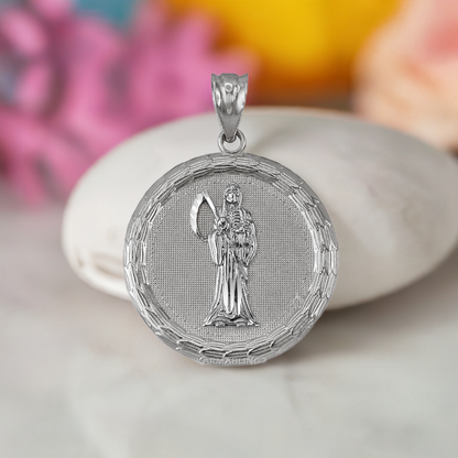 Gold Santa Muerte Medallion Pendant Necklace in 10K or 14K, Yellow, White, Rose, 2-Tone