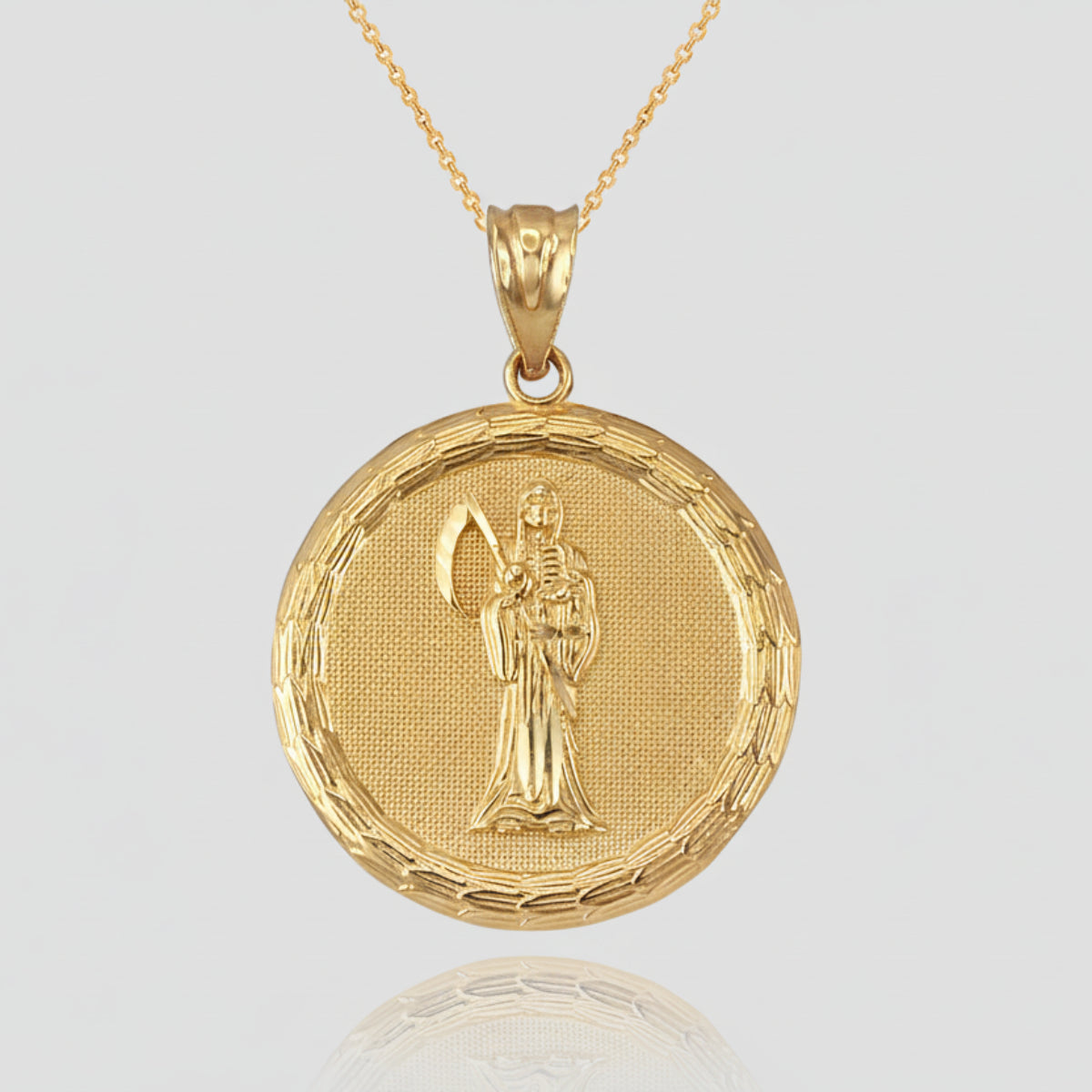 Gold Santa Muerte Medallion Pendant Necklace in 10K or 14K, Yellow, White, Rose, 2-Tone