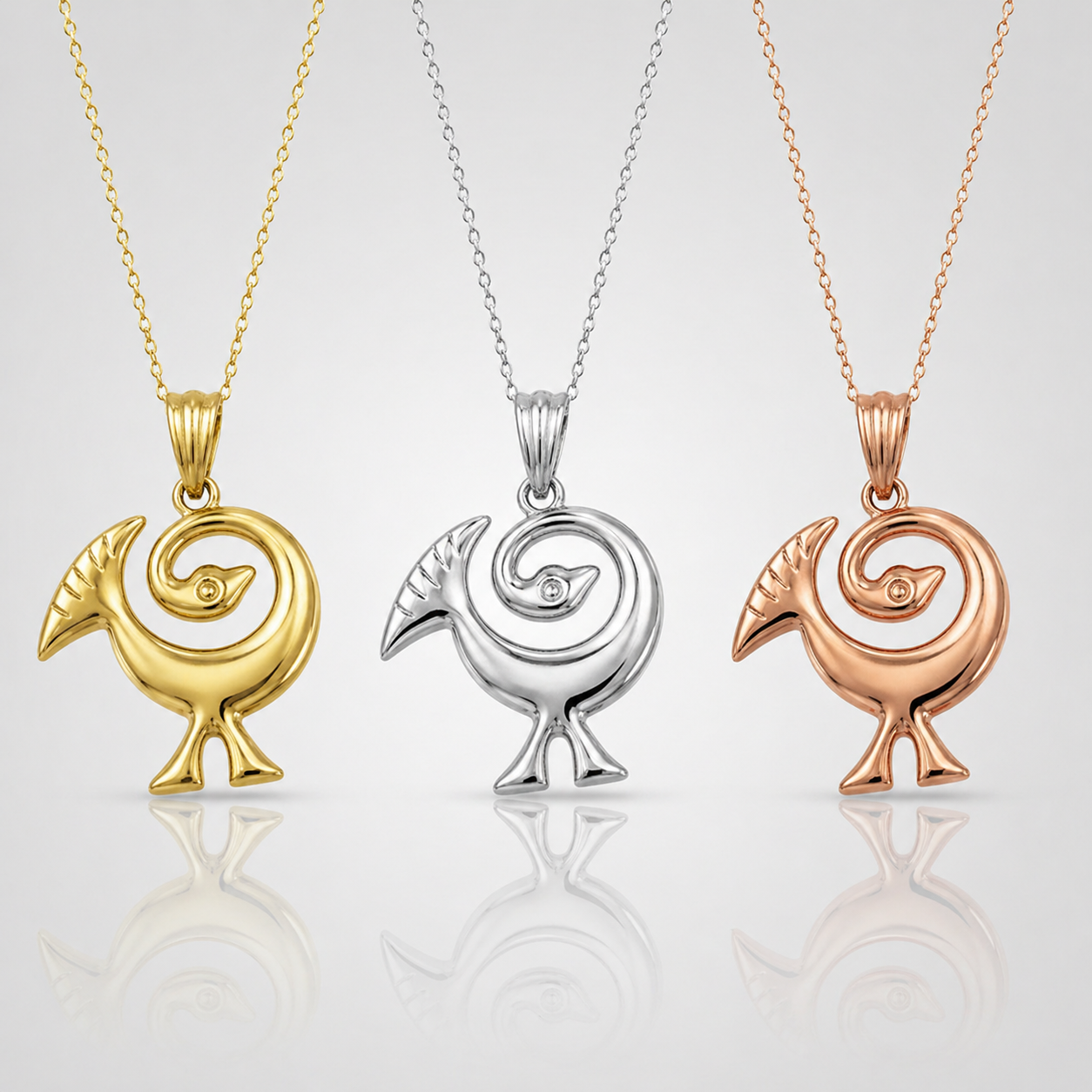 Gold Sankofa Bird Pendant Necklace West African Adinkra Symbol Charm Yellow, White, Rose Gold 10K 14K