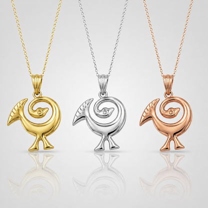 Gold Sankofa Bird Pendant Necklace West African Adinkra Symbol Charm Yellow, White, Rose Gold 10K 14K