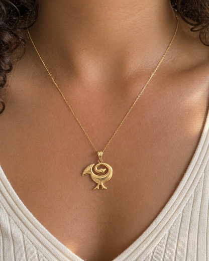 Gold Sankofa Bird Pendant Necklace West African Adinkra Symbol Charm Yellow, White, Rose Gold 10K 14K