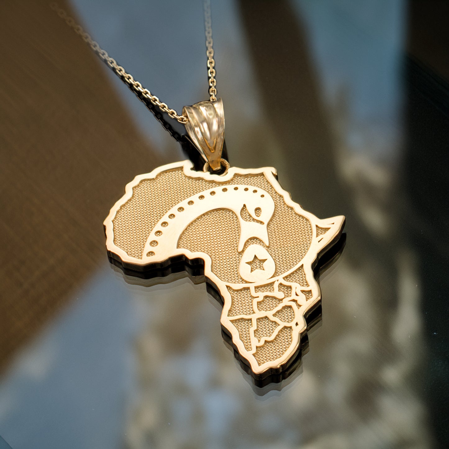 Gold Africa Map Adinkra Sankofa Pendant Necklace (10K, 14K, yellow, white, rose gold)