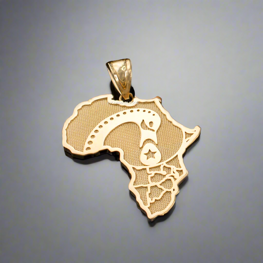 Gold Africa Map Adinkra Sankofa Pendant Necklace (10K, 14K, yellow, white, rose gold)