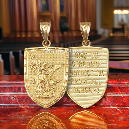 Gold St. Michael Shield Pendant Protection Charm Necklace (yellow, white, rose, 2-tone, 10K, 14K)