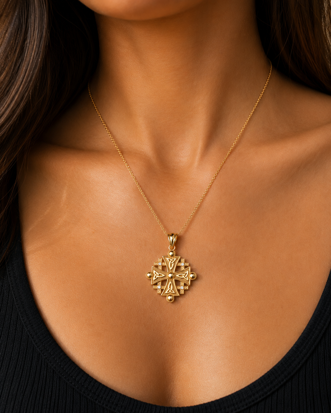 Gold Jerusalem Cross Diamond Pendant Necklace (10K, 14K, yellow, white, rose gold)