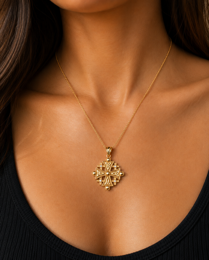 Gold Jerusalem Cross Diamond Pendant Necklace (10K, 14K, yellow, white, rose gold)