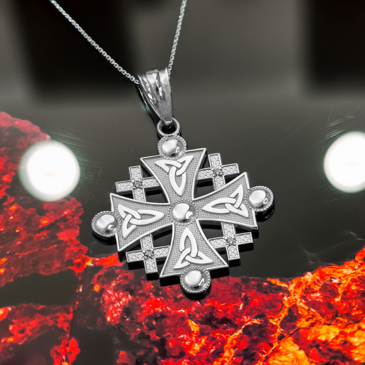 Sterling Silver Jerusalem Cross CZ Pendant Necklace