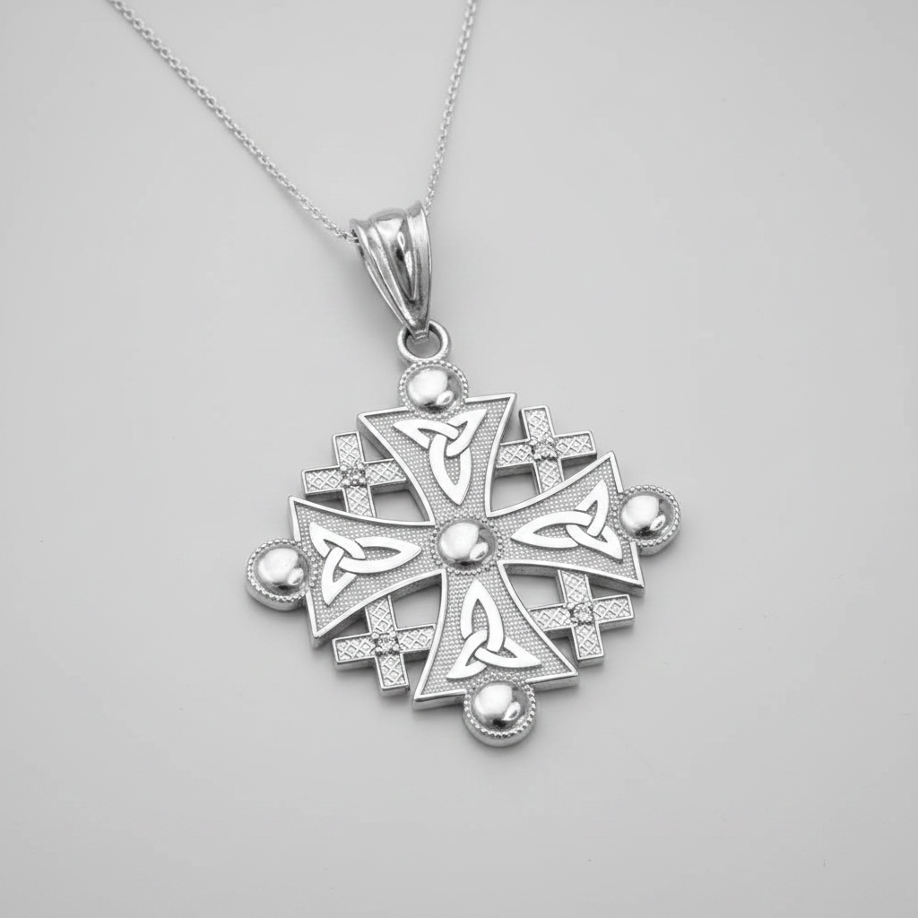 Sterling Silver Jerusalem Cross CZ Pendant Necklace
