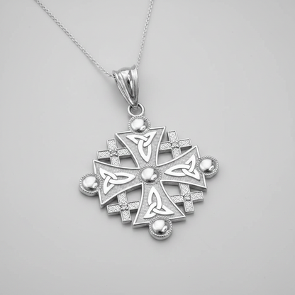 Sterling Silver Jerusalem Cross CZ Pendant Necklace