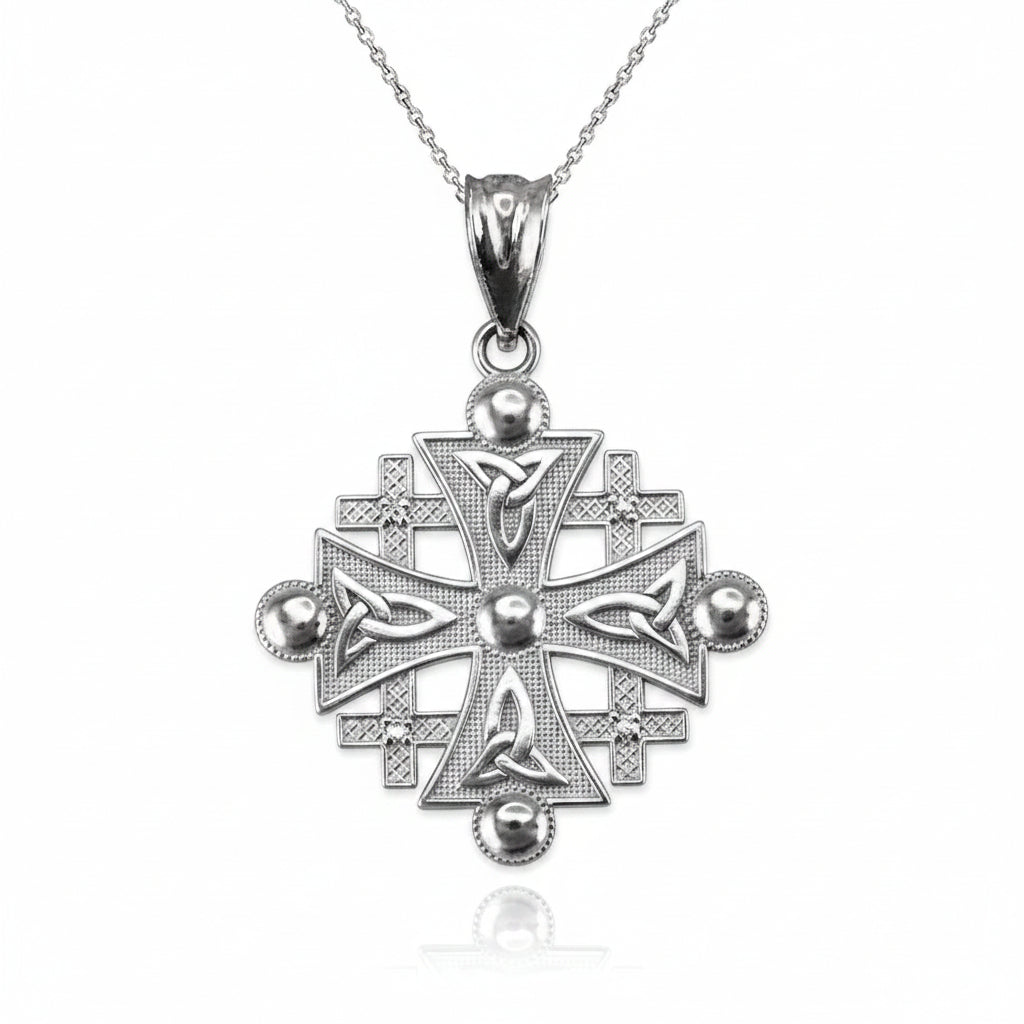 Sterling Silver Jerusalem Cross CZ Pendant Necklace
