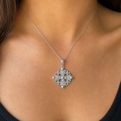 Sterling Silver Jerusalem Cross CZ Pendant Necklace