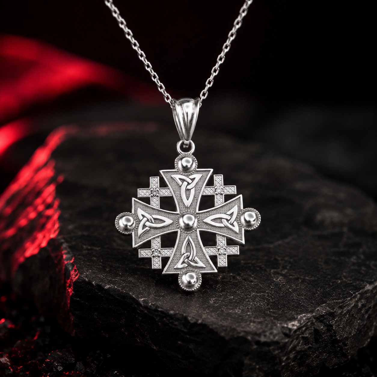 Sterling Silver Jerusalem Cross CZ Pendant Necklace