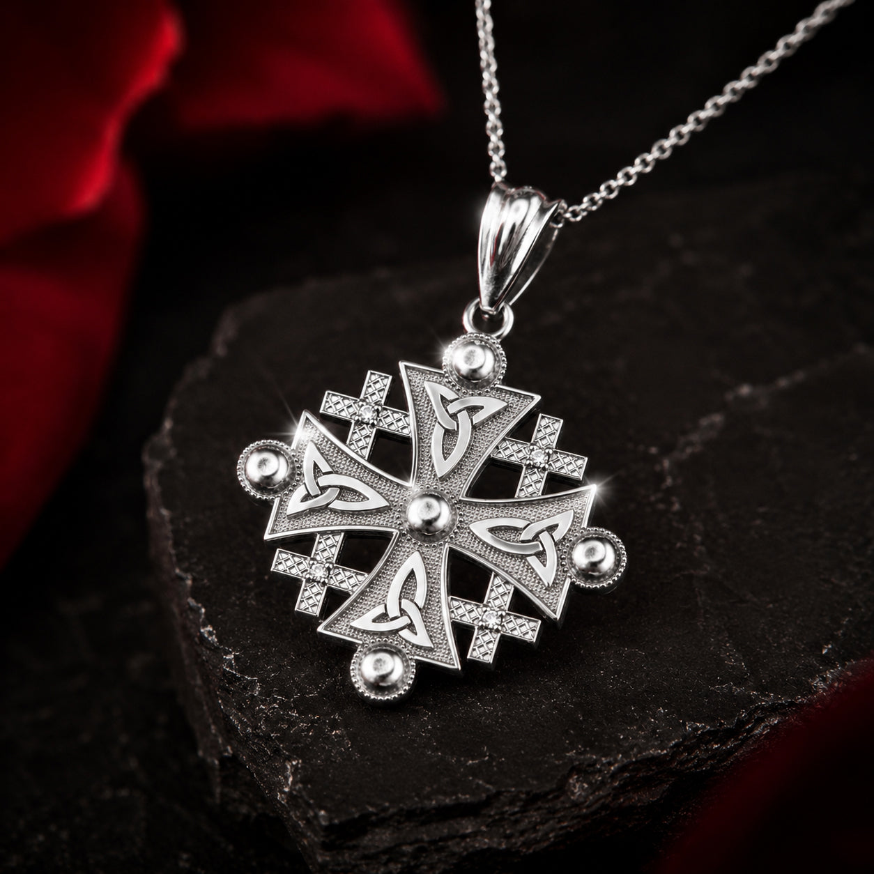 Gold Jerusalem Cross Diamond Pendant Necklace (10K, 14K, yellow, white, rose gold)