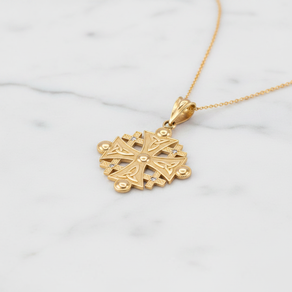Gold Jerusalem Cross Diamond Pendant Necklace (10K, 14K, yellow, white, rose gold)