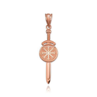 Gold Viking Sword Pendant Necklace – Vegvisir Norse Amulet, 10K 14K Yellow White Rose Gold