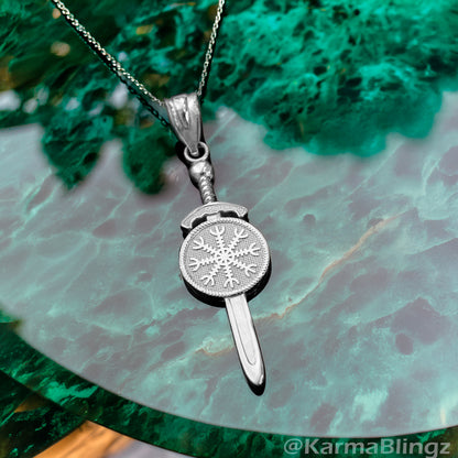 Gold Viking Sword Pendant Necklace – Vegvisir Norse Amulet, 10K 14K Yellow White Rose Gold