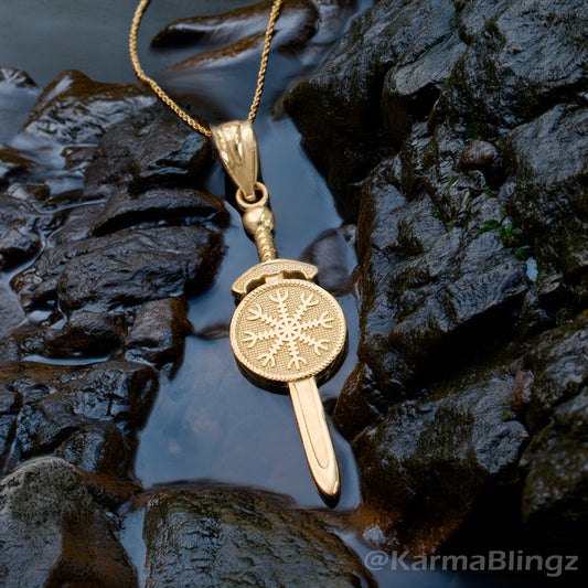 Gold Viking Sword Pendant Necklace – Vegvisir Norse Amulet, 10K 14K Yellow White Rose Gold