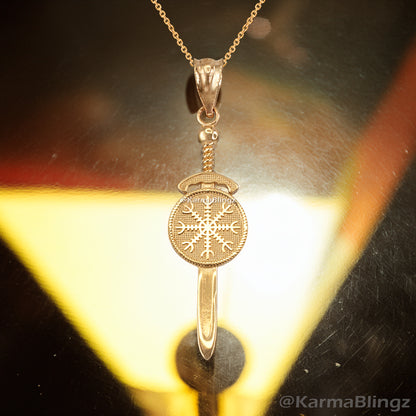 Gold Viking Sword Pendant Necklace – Vegvisir Norse Amulet, 10K 14K Yellow White Rose Gold