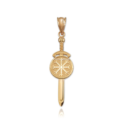 A gold Viking sword pendant necklace with the Vegvisir symbol, displayed on a chain over rocks wet from water.