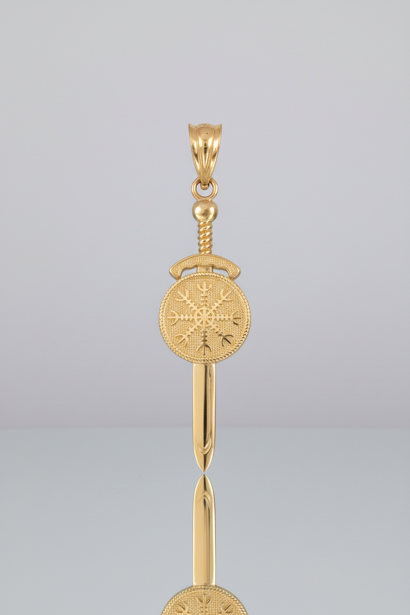 Gold Viking Sword Pendant Necklace – Vegvisir Norse Amulet, 10K 14K Yellow White Rose Gold