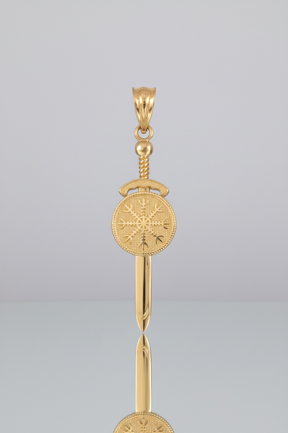 Gold Viking Sword Pendant Necklace – Vegvisir Norse Amulet, 10K 14K Yellow White Rose Gold