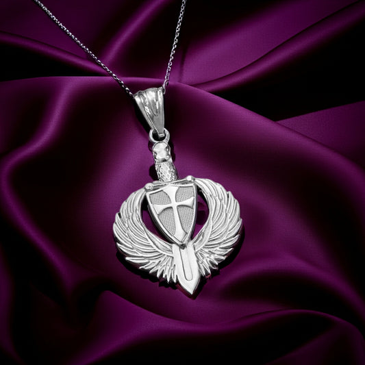 Sterling Silver Crusader Winged Sword and Shield Pendant Necklace