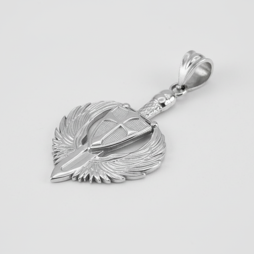 Sterling Silver Crusader Winged Sword and Shield Pendant Necklace