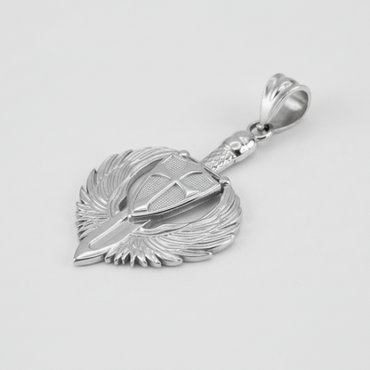 Sterling Silver Crusader Winged Sword and Shield Pendant Necklace