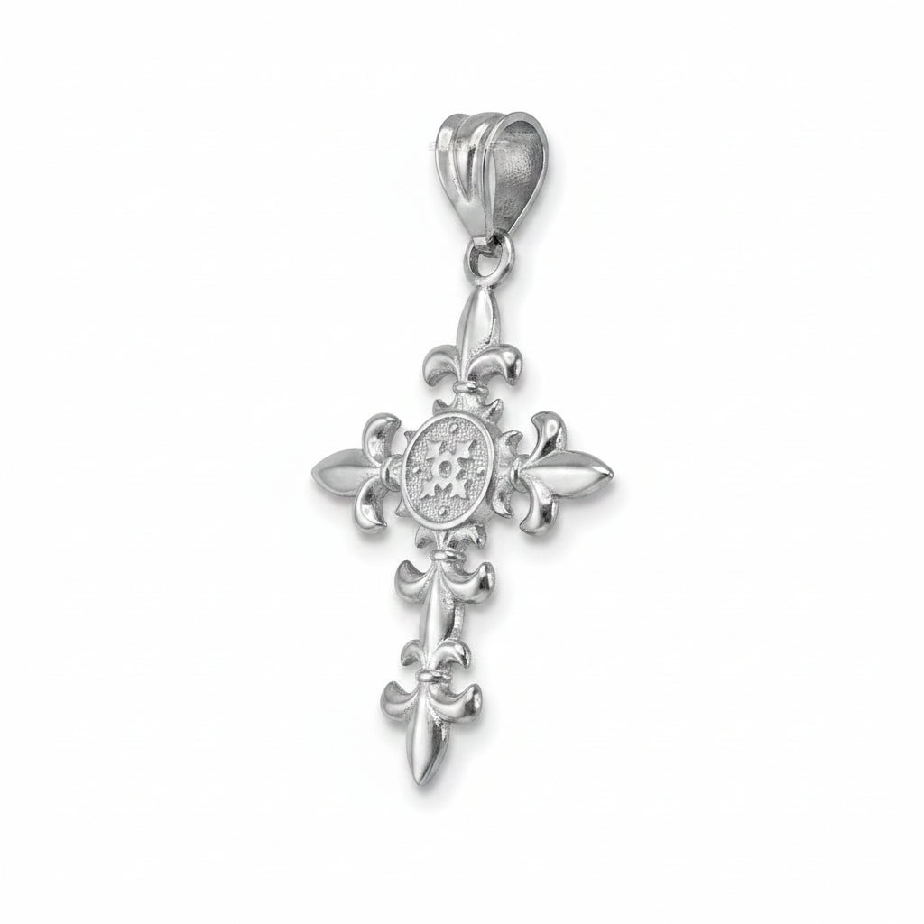 Sterling Silver Fleur de Lis Elegant Cross Pendant Necklace