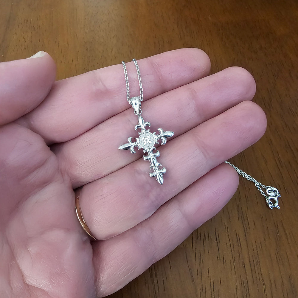 Sterling Silver Fleur de Lis Elegant Cross Pendant Necklace