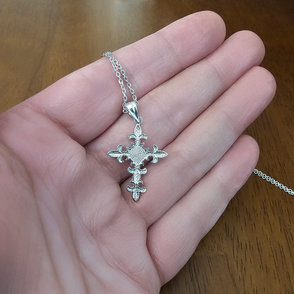 Sterling Silver Fleur de Lis Elegant Cross Pendant Necklace