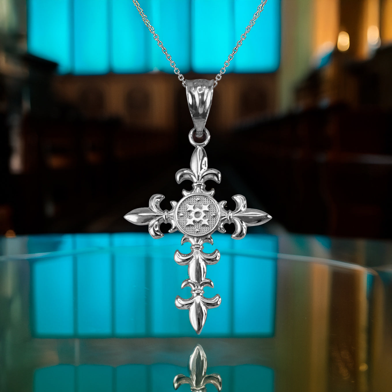 Sterling Silver Fleur de Lis Elegant Cross Pendant Necklace