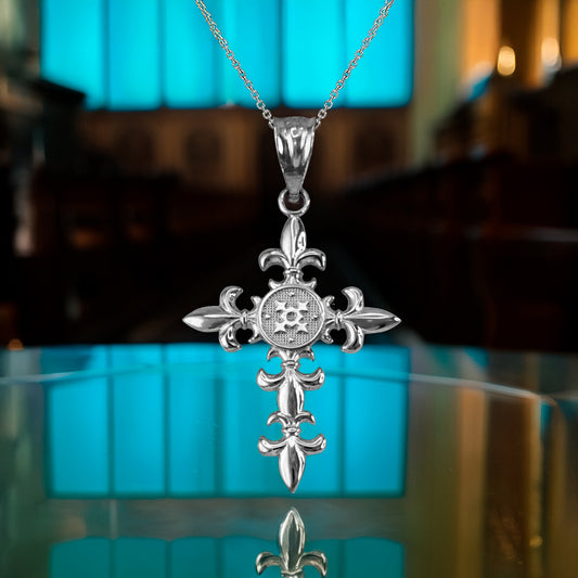 Sterling Silver Fleur de Lis Elegant Cross Pendant Necklace