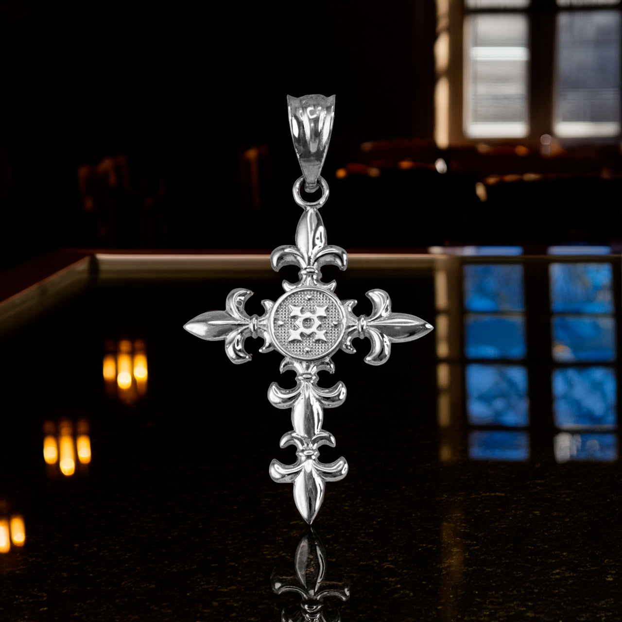 Sterling Silver Fleur de Lis Elegant Cross Pendant Necklace