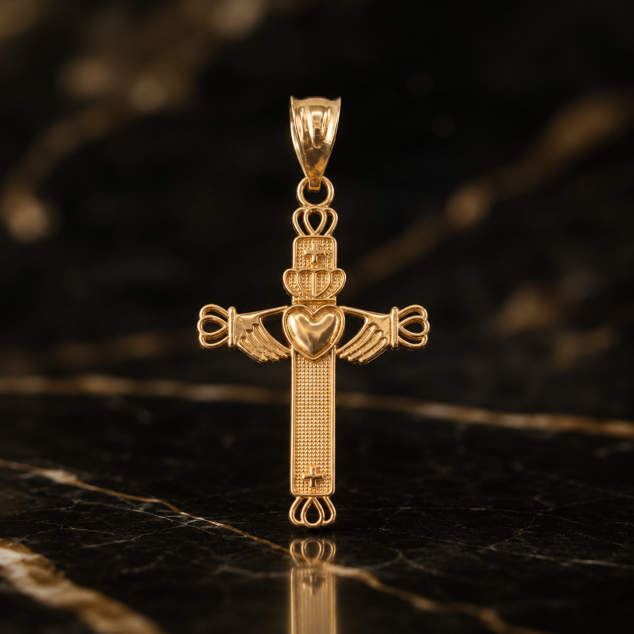 Gold Irish Claddagh Cross Pendant Necklace (yellow, white, rose gold, 14k, 10k)