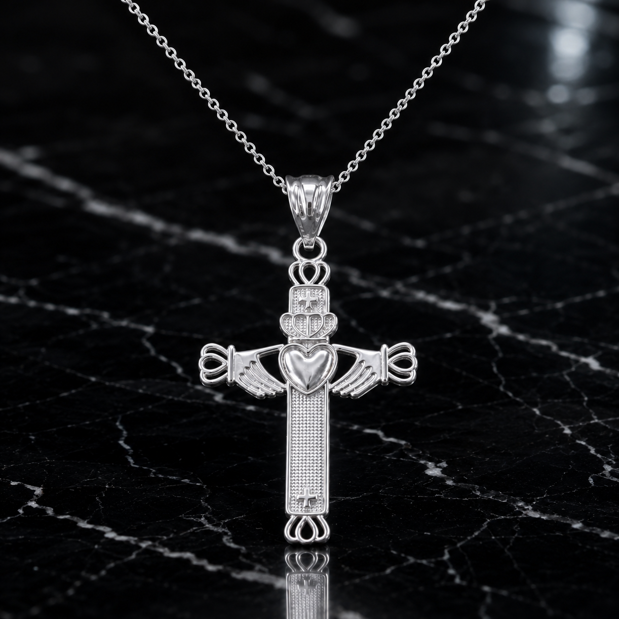 Gold Irish Claddagh Cross Pendant Necklace (yellow, white, rose gold, 14k, 10k)