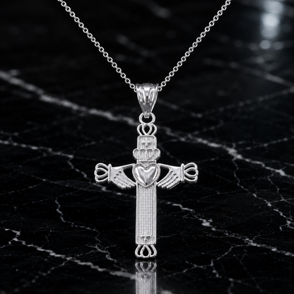 Gold Irish Claddagh Cross Pendant Necklace (yellow, white, rose gold, 14k, 10k)