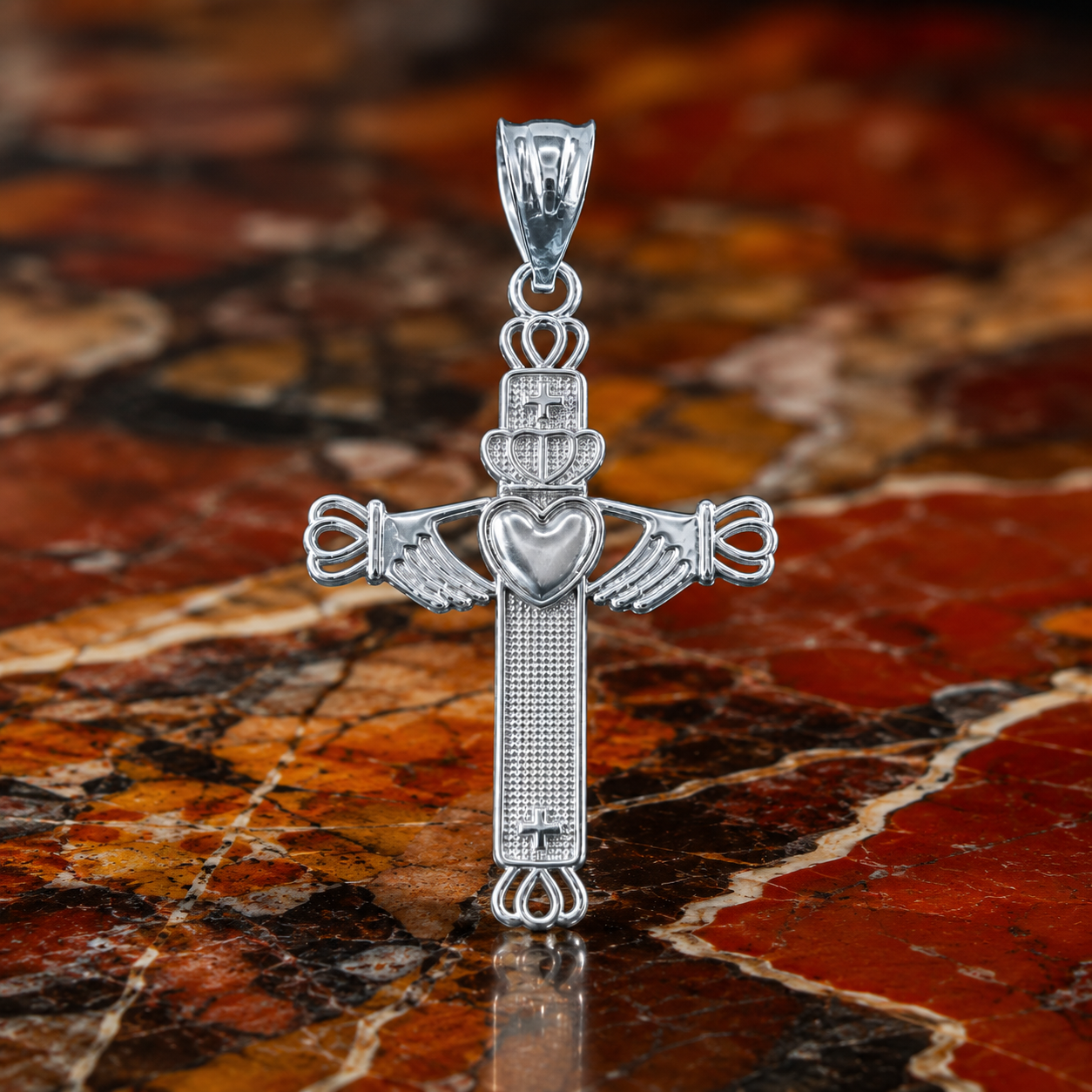 Gold Irish Claddagh Cross Pendant Necklace (yellow, white, rose gold, 14k, 10k)