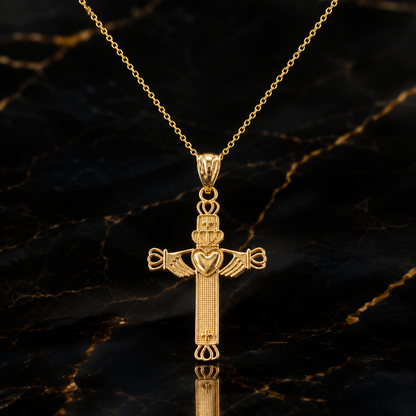 Gold Irish Claddagh Cross Pendant Necklace (yellow, white, rose gold, 14k, 10k)