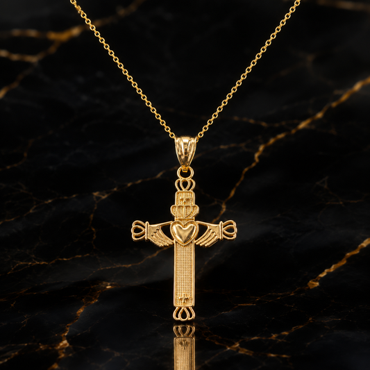 Gold Irish Claddagh Cross Pendant Necklace (yellow, white, rose gold, 14k, 10k)