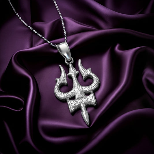Sterling Silver Trident of Lord Shiva Trishula Pendant Necklace