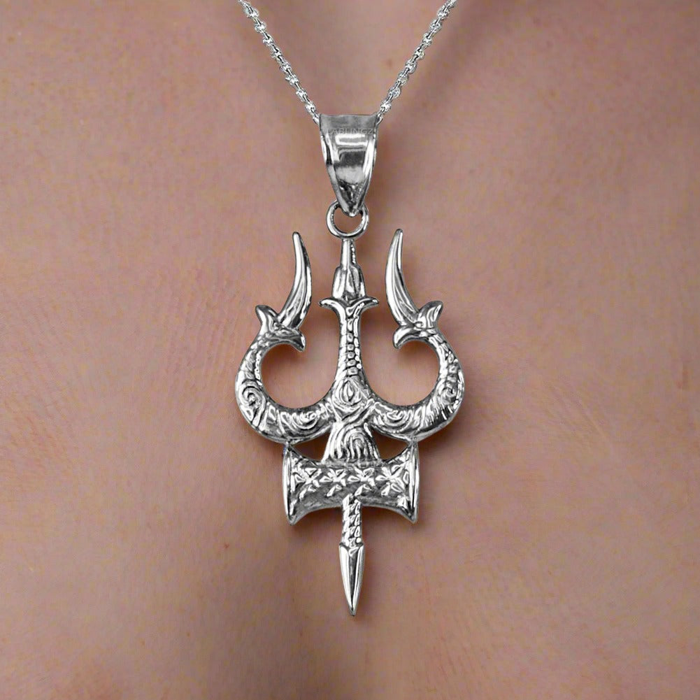 Sterling Silver Trident of Lord Shiva Trishula Pendant Necklace