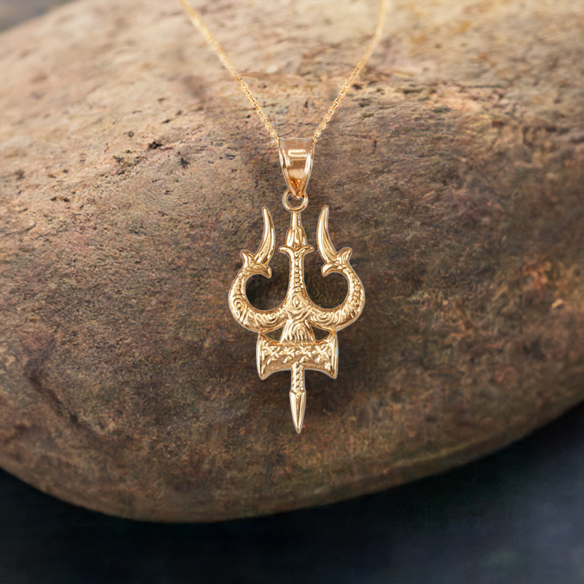 Gold Trident of Lord Shiva Trishula Trisul Pendant Necklace (14k, 10k, yellow, white, rose gold)