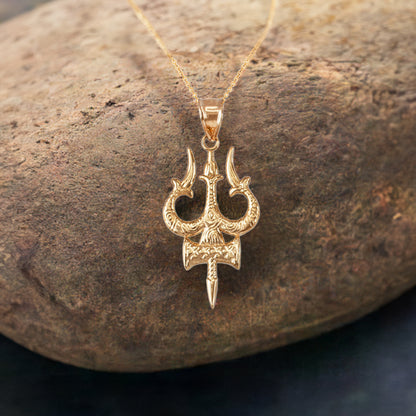 Gold Trident of Lord Shiva Trishula Trisul Pendant Necklace (14k, 10k, yellow, white, rose gold)