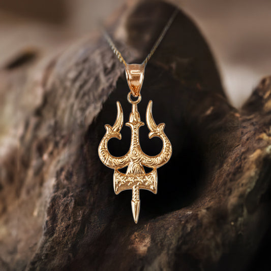 Gold Trident of Lord Shiva Trishula Trisul Pendant Necklace (14k, 10k, yellow, white, rose gold)